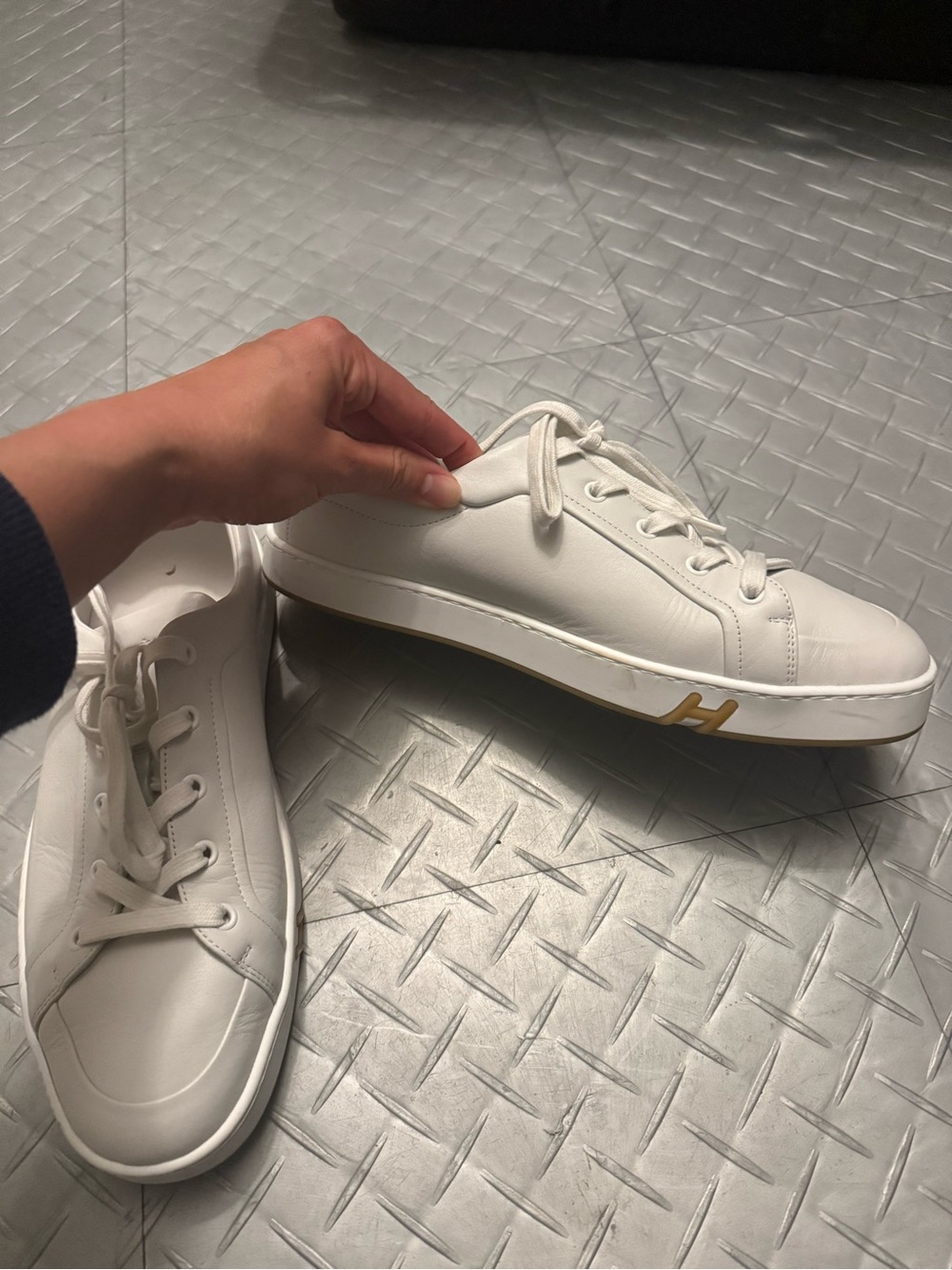 Hermes White Leather Men's Low-Top Sneakers with Gold H Accent